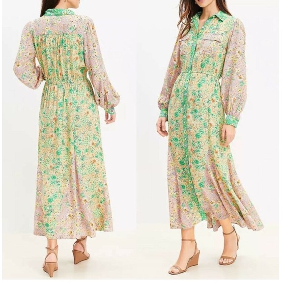 LOFT Floral Print Long Sleeve Maxi Dress Button Down Shirt Dress size M - Picture 1 of 8